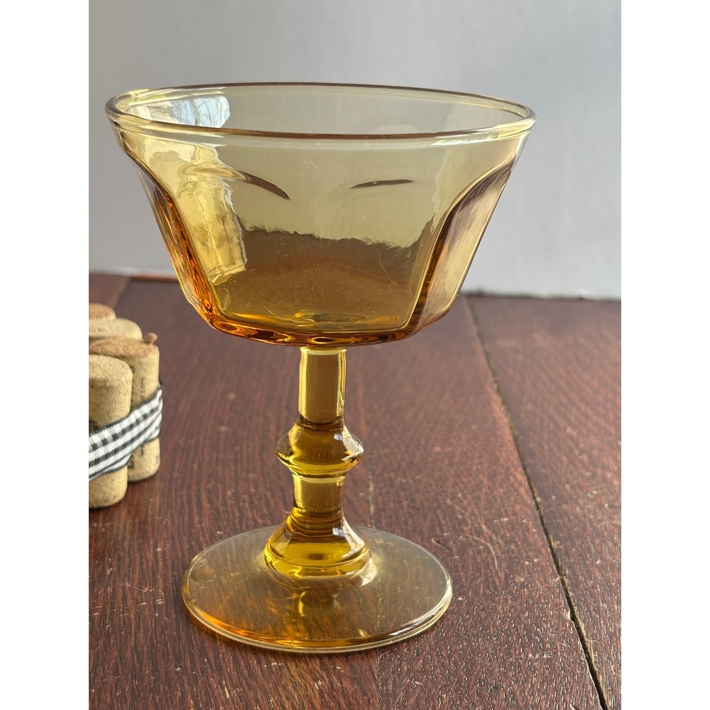 Vintage Amber Glass Coupe Champagne Cocktail Glass Paneled Stemware 4.5"